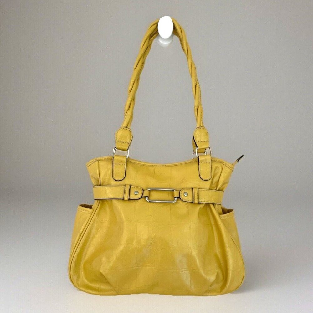 Vintage Y2K Hobo Shoulder Bag Mustard Yellow Faux Leather Croc Embossed Payless